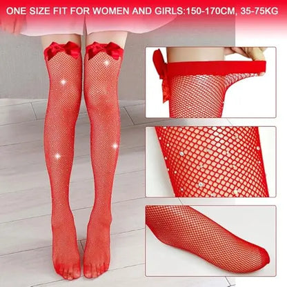 EUPSIIU 3 Pairs Hold up Stockings for Women Fishnet Tights Suspenders with Bow, Women's Sparkle Rhinestone Sexy Fishnet Mesh Hold Up Stockings, Shiny Thigh High Sock for Party Role Play