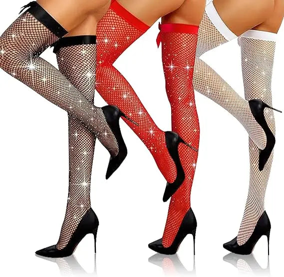 EUPSIIU 3 Pairs Hold up Stockings for Women Fishnet Tights Suspenders with Bow, Women's Sparkle Rhinestone Sexy Fishnet Mesh Hold Up Stockings, Shiny Thigh High Sock for Party Role Play