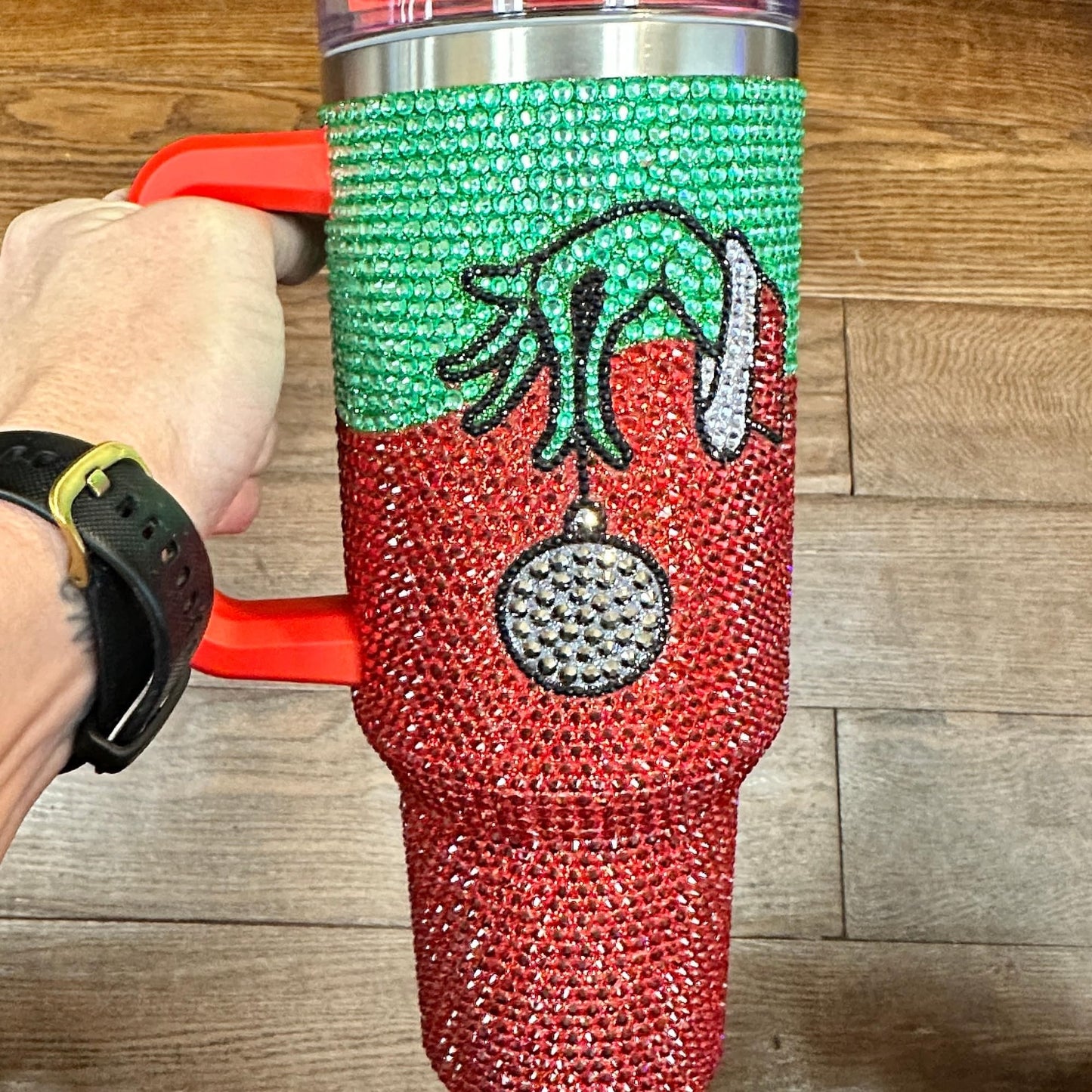 40 oz. Tumbler with Handle and Straw Lid Bling Christmas Tall Holiday Jewel Cup Gift Green Mean One Doll Insulated