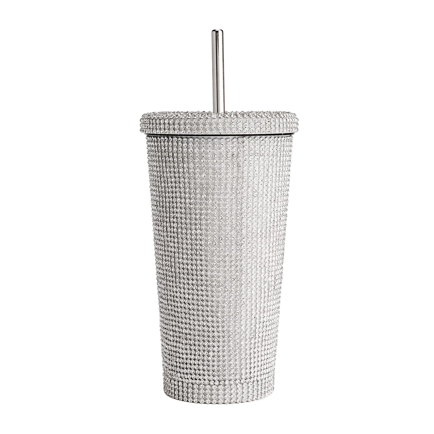 BlingBlingshine Water Tumbler with Lid and Straw, Vacuum Insulated Stainless Steel, Set with Over 3700 Rhinestones, 17 oz., Silver