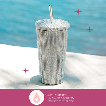 BlingBlingshine Water Tumbler with Lid and Straw, Vacuum Insulated Stainless Steel, Set with Over 3700 Rhinestones, 17 oz., Silver