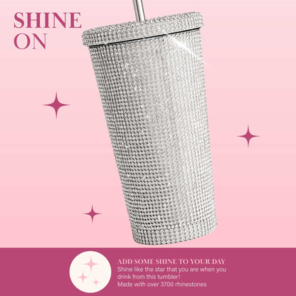 BlingBlingshine Water Tumbler with Lid and Straw, Vacuum Insulated Stainless Steel, Set with Over 3700 Rhinestones, 17 oz., Silver