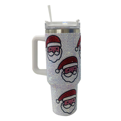 40 oz Bling Rhinestone Christmas Tumbler with Lid and Handle,Cute Santa Head Insulated Water Cup Coffee Mug,White