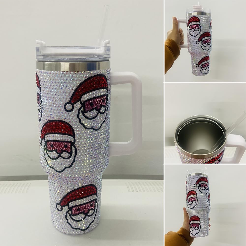 40 oz Bling Rhinestone Christmas Tumbler with Lid and Handle,Cute Santa Head Insulated Water Cup Coffee Mug,White