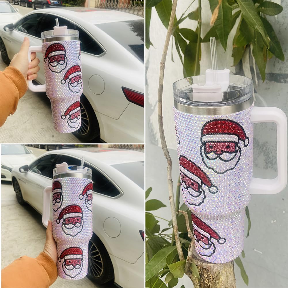 40 oz Bling Rhinestone Christmas Tumbler with Lid and Handle,Cute Santa Head Insulated Water Cup Coffee Mug,White