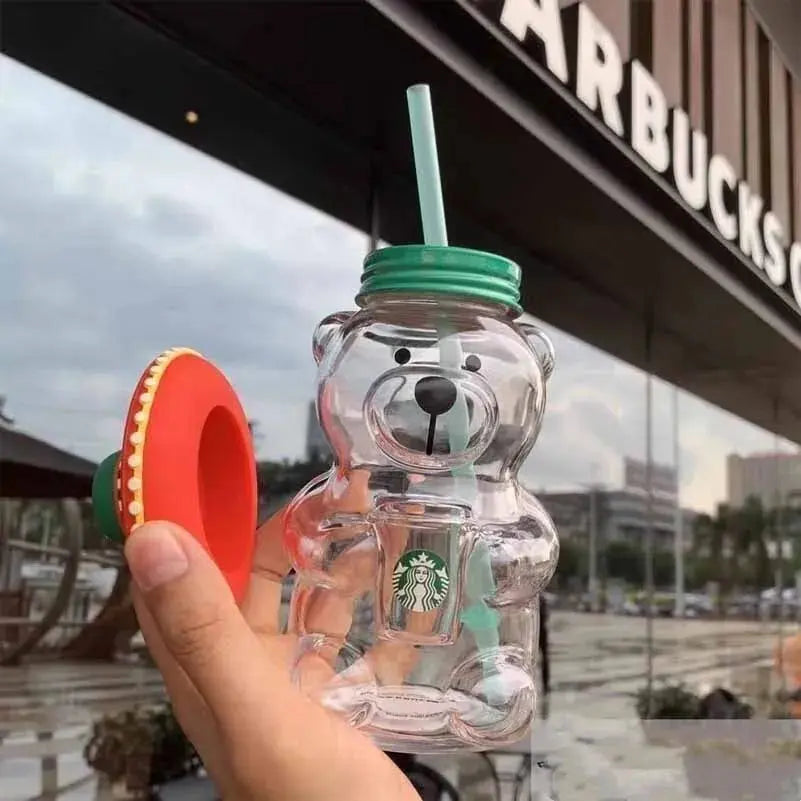 New Starbucks China 2023 Cute Lami Bear 503ml Glass Milk Coffee Cup With Straw.