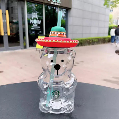 New Starbucks China 2023 Cute Lami Bear 503ml Glass Milk Coffee Cup With Straw.