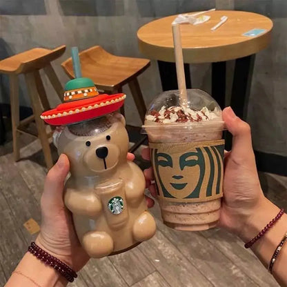 New Starbucks China 2023 Cute Lami Bear 503ml Glass Milk Coffee Cup With Straw.