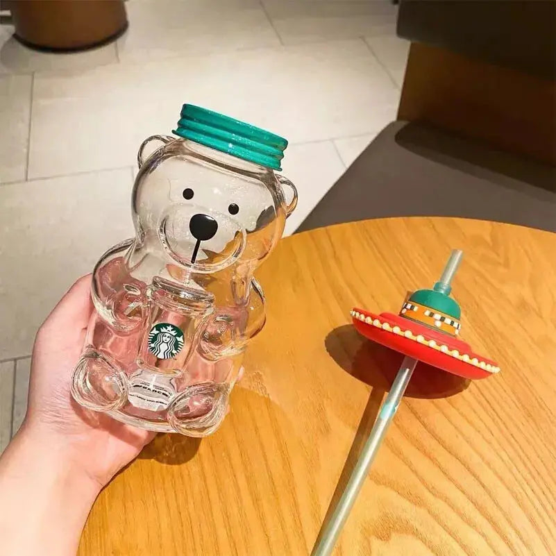 New Starbucks China 2023 Cute Lami Bear 503ml Glass Milk Coffee Cup With Straw.